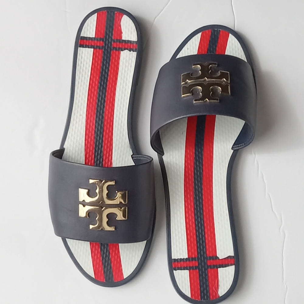🎁🩷💚⚜️Tory Burch⚜️🩷💚Eleanor Jellie Slides Navy Red Double T Logo Sandal Sz 6